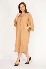 Kadın Camel Büyük Beden Omuz Dekolteli Ön Düğmeli Elbise