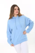 Kadın Büyük Beden Bebe Mavisi İçi Şardonlu 3 İplik Kumaş Kapşonlu Sweatshirt 65N37575