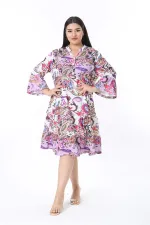 Kadın Büyük Beden Lila Ön Patı Düğmeli Volan Kollu Etek Ucu Katlı Elbise 65N38484