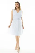 Kadın Büyük Beden Mavi Anvelop Yaka Bel Drapeli Astarlı Tül Elbise 65N37083