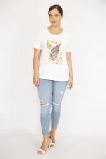 Kadın Kemik Büyük Beden Pamuk Kumaş Bisiklet Yakalı Kısa Kollu Ön Baskılı Bluz