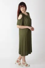 Kadın Haki Omuz Dekolteli Viskon Elbise 65N26131