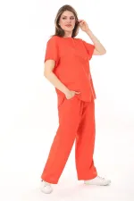 Kadın Büyük Beden Nar Ön Pat Düğmeli Tunik Ve Pantolon İkili Takım 65N37879