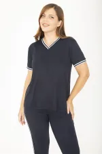 Kadın Büyük Beden Lacivert Ribanall Kısa Kollu Bluz Pantolon Eşofman Takım 65N36811