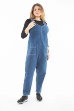 Kadın Büyük Beden Mavi V Yakalı Cepli Kot Tulum 65N37321