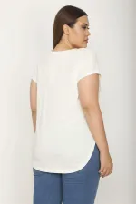 KADIN KEMİK V YAKALI GÖĞÜS KISMI BASKILI ETEK UCU OVAL KESİM BLUZ