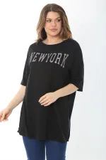 Kadın Büyük Beden Siyah Taş Ve Sim Detaylı Yan Yırtmaçlı Bluz 65N37466