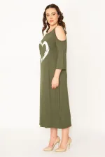 KADIN HAKİ OMUZ DEKOLTELİ ÖN BASKILI ELBİSE