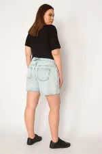 KADIN MAVİ YIKAMA EFEKTLİ PAÇASI PİS DİKİŞLİ JEAN ŞORT