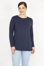 Kadın Lacivert Büyük Beden Bisiklet Yakalı Arka Fermuar Detaylı Bluz