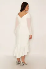 Kadın Kemik Göğüs Drapeli Kolları Şifon Eteği Volanlı Astarlı Abiye Elbise 85N7316