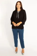 Kadın Bordo Yakası Kuşgözü Bağcık Detaylı Kol Ağzı Fırfır Büzgülü Bluz 65N34648