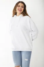 Women's Plus Size Gray Three-Thread Hooded Sweatshirt with Back Print 65N37204
