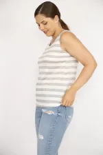 Kadın Gri Büyük Beden Bisiklet Yakalı Kolsuz Çizgili Bluz