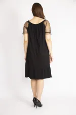 Kadın Kırmızı Büyük Beden Kolları Tül Yakası Lastik Detaylı Etek Ucu Katlı Elbise