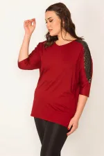 KADIN BORDO PAYET DETAYLI V YAKA KAPRİ KOL VİSKON BLUZ