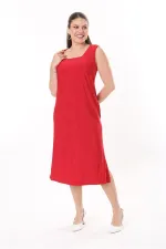 Kadın Büyük Beden Kırmızı Kare Yakalı Kolsuz Uzun Elbise 65N37738