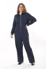 Kadın Büyük Beden Lacivert Ön Fermuarlı 4 Cepli Arka Bel Kemeri Lastikli Kot Tulum 65N37573