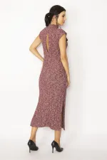 WOMEN'S MAROON BACK DETAILED SIDE SLITS SELF-STRIPED CREW-NECK DRESS