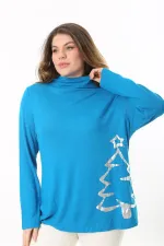 Kadın Büyük Beden Mavi Dik Yakalı Lak Baskılı Tunik 65N37496