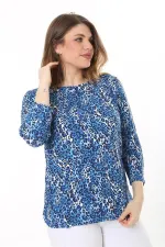 Kadın Büyük Beden Mavi Sırt Detaylı Bisiklet Yakalı Kapri Kollu Bluz 65N37586