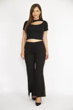 Kadın Siyah Büyük Beden Yırtmaç Detaylı Geniş Paçalı Yan Şeritli Eşofman Alt
