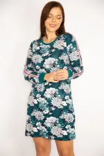 Kadın Petrol Kolları Şerit Detaylı Çiçek Desenli Tunik Elbise 65N34667