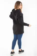 Kadın Büyük Beden Siyah İçi Şardonlu Üç İplik Kol Detaylı Kapşonlu Sweatshirt 65N37299