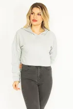 Kadın Gri İçi Şardonlu 2 İplik Kumaş Kapşonlu Sweatshirt 65N35076