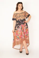 KADIN RENKLİ MADONNA YAKA ARKASI UZUN RENKLİ ELBİSE