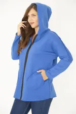 Kadın Büyük Beden Saks Ön Fermuar Ve Cepli Kapşonlu Kaşe Mont 65N36969