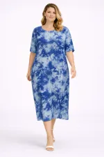 Kadın Büyük Beden Mavi, Batik Desen Viskon Elbise 65N39469