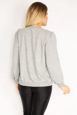 Women's Plus Size Gray 3 Thread Thick Front Printed Shoulder Gathered Ribbed Sweatshirt 65N37105