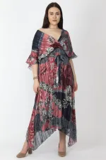 KADIN RENKLİ ŞİFON KUMAŞ ASTARLI UZUN ELBİSE