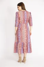WOMEN'S COLORFUL COLLAR DRESS WITH FRILLED FRONT PLACE, ORNAMENTAL BUTTONS, WAIST AND ARM EMBROIDERY DETAILED