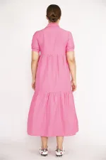 Kadın Büyük Beden Pembe Poplin Kumaş Ön Boy Düğmeli Elbise 65N36790