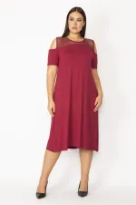 Kadın Bordo Omuz Dekolteli Roba Ve Cepleri File Detaylı Viskon Elbise 65N28932