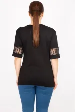 Kadın Siyah Büyük Beden Flok Tül Detaylı Bluz