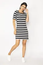 KADIN LACİVERT ÇİZGİ DETAYLI ELBİSE