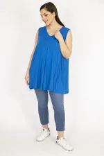 Kadın Beyaz Büyük Beden Önü A Pileli V Yakalı Uzun Bluz