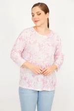 Kadın Pembe Büyük Beden Bisiklet Yakalı Desenli Bluz