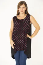 Kadın Büyük Beden Fujya Önü Puan Desenli Yan Kuplu Kolsuz Uzun Bluz 65N36945