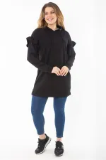Kadın Büyük Beden Siyah İçi Şardonlu Üç İplik Kol Detaylı Kapşonlu Sweatshirt 65N37299