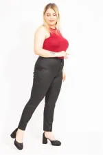 Kadın Kahve Büyük Beden Suni Deri Gizli Kemer Cepsiz Pantolon 65N35581