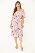 Kadın Büyük Beden Pembe Dokuma Viskon Kumaş Yakası Lastik Ve Volan Detaylı Elbise 65N36783