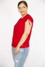 Kadın Bordo Büyük Beden Omuz Bağcıklı Polyester Kumaş Bluz