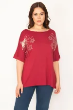 Kadın Bordo Büyük Beden Taş Detaylı Tunik