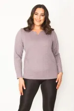 KADIN LACİVERT V YAKALI ARKA ŞERİT DETAYLI KENDİNDEN DESENLİ TUNİK