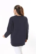 Women's Plus Size Navy Blue Ribbed Inside Slit Sweatshirt 65N37716