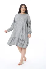Kadın Büyük Beden Gri Yün Viskon Kumaş Omuzu Süs Düğmeli Elbise 65N38597